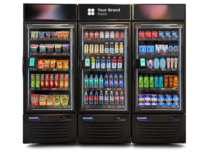 A vending machine stocked with snacks, beverages, and personal care items.