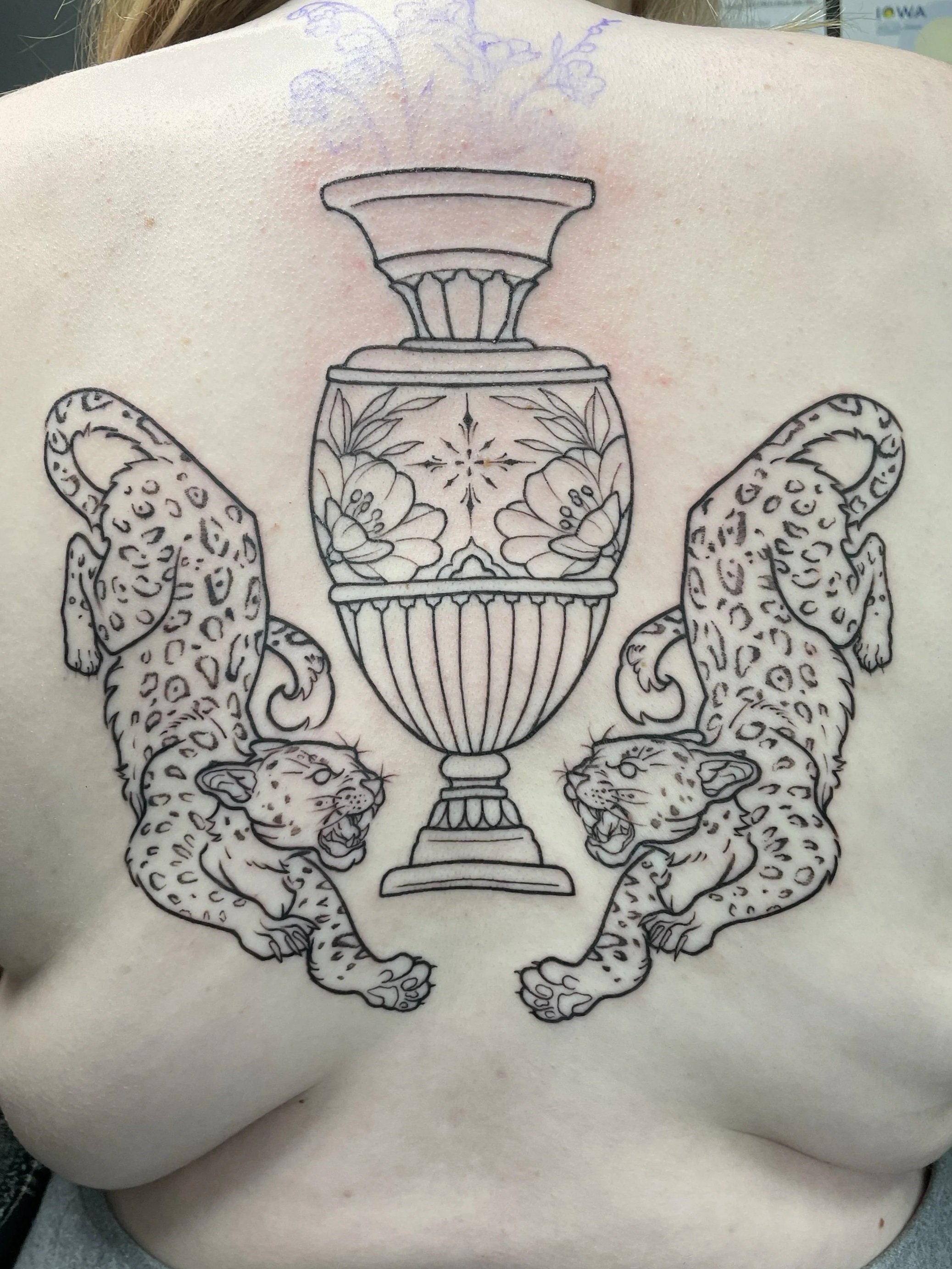 Tattoo outline on person's back featuring two leopards, a decorative vase with floral patterns in the center, and faint purple floral sketches at the top, tattooed by Zing Phelps, in Cedar Rapids, Iowa