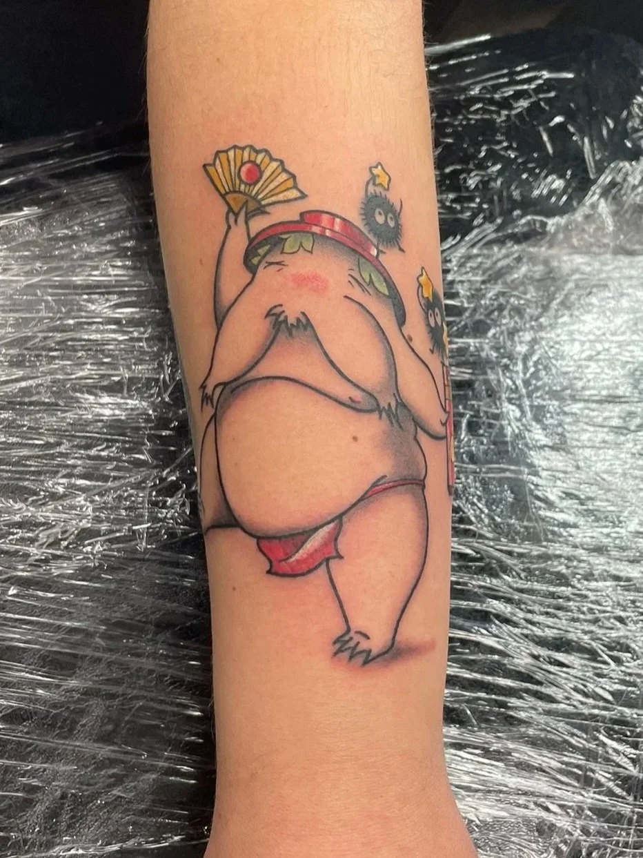 Tattoo of a radish man from spirited away, anime tattoos near me, tattooed by Zing Phelps, in Cedar Rapids, Iowa