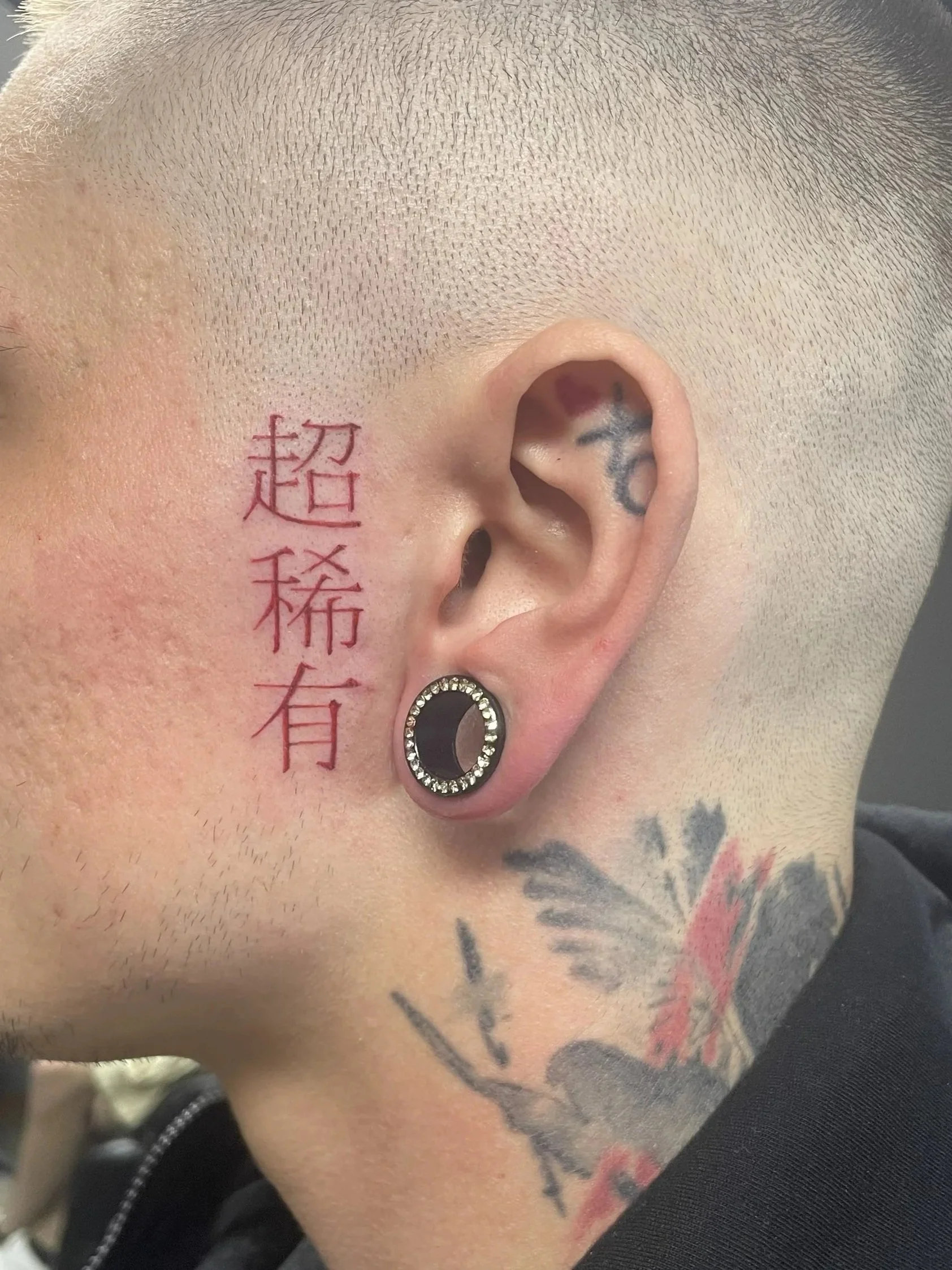 Close-up of a person's side of head showing a fine line Asian face tattoo, tattooed by Zing Phelps, in Cedar Rapids, Iowa
