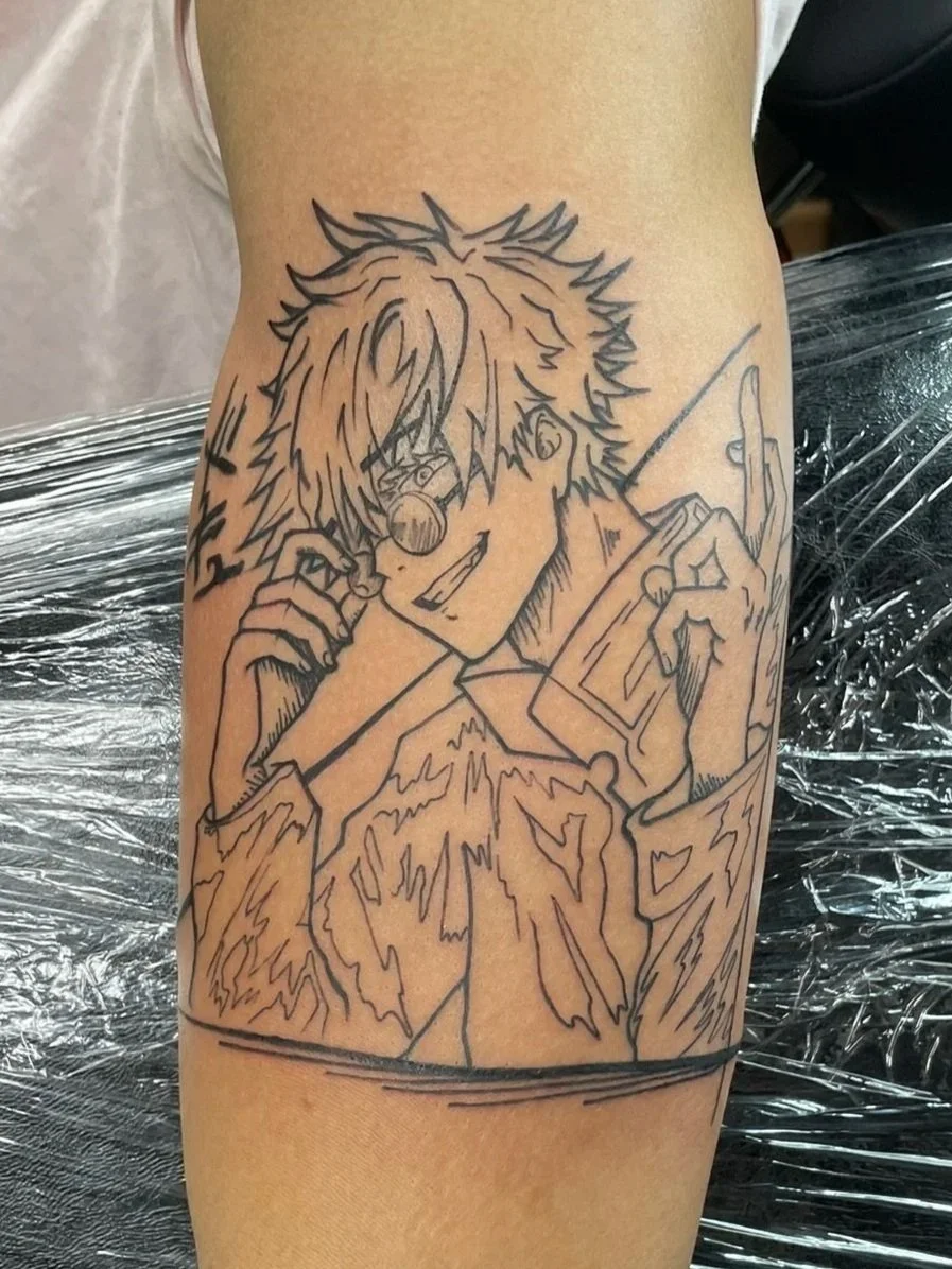 anime tattoo lineart of Gojo, tattooed by Zing Phelps, in Cedar Rapids, Iowa, anime tattoo near me