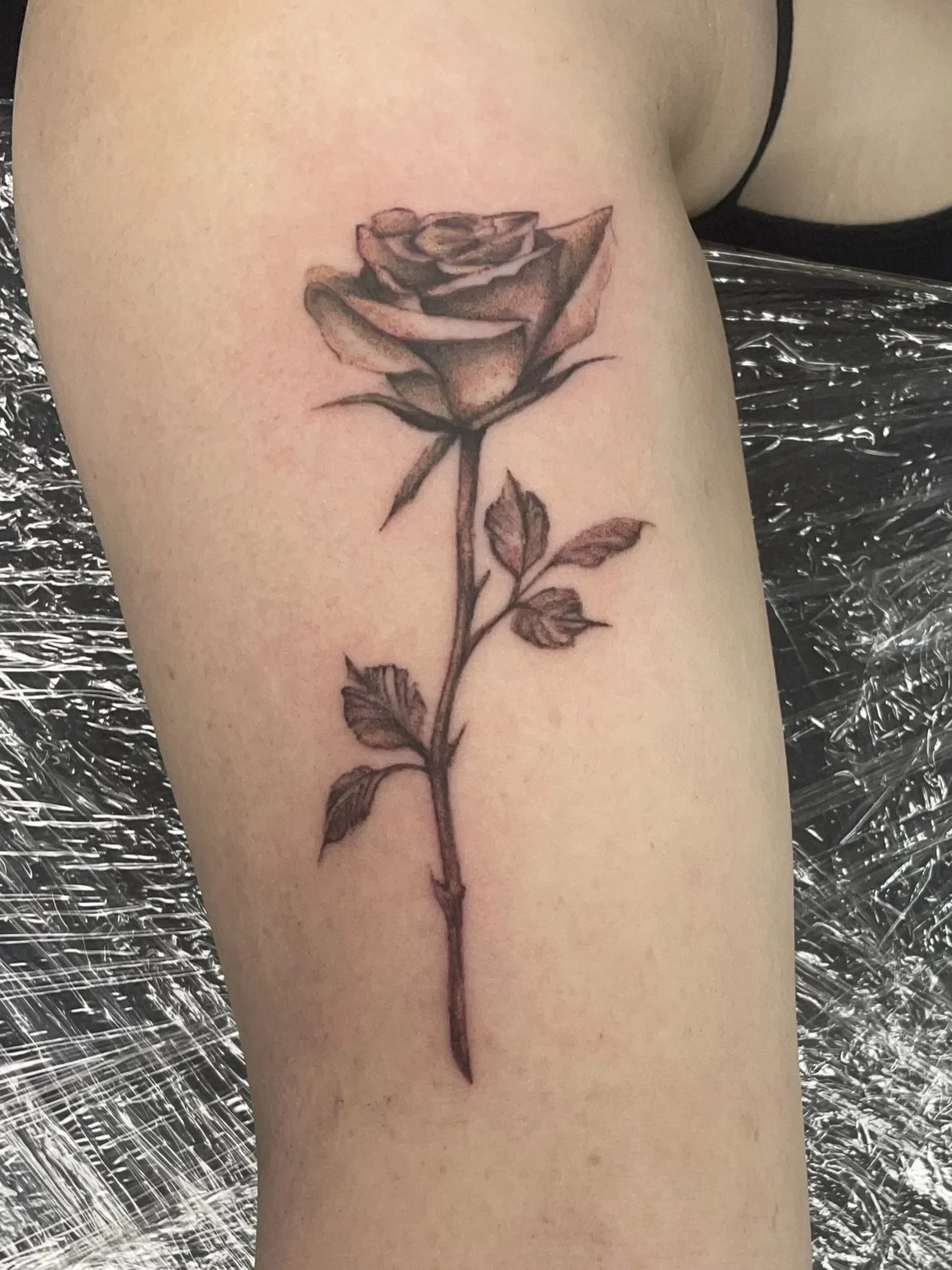 Realistic rose tattoo done by Zing Phelps, tattoo shops near me, tattoo artists in Iowa, best tattoo shops Cedar Rapids