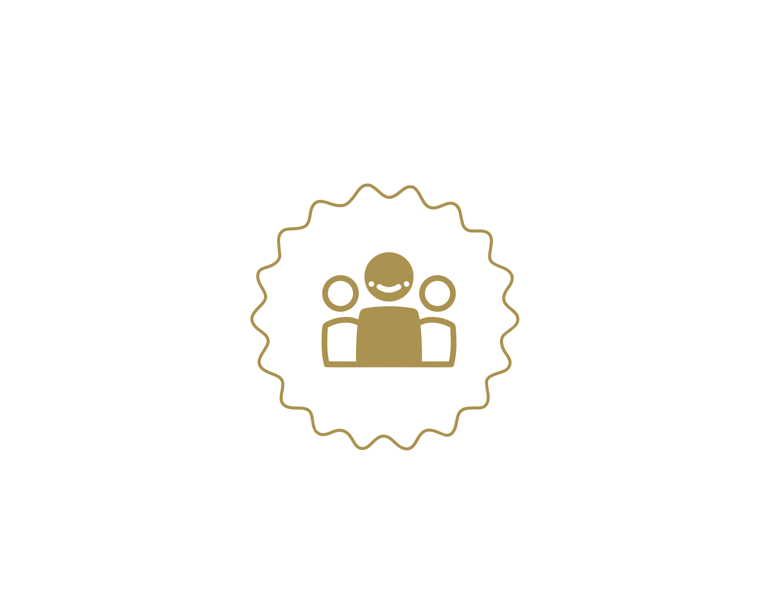 Gold-colored icon of three people inside a scalloped border, with smiling faces, drawn by Zing Phelps