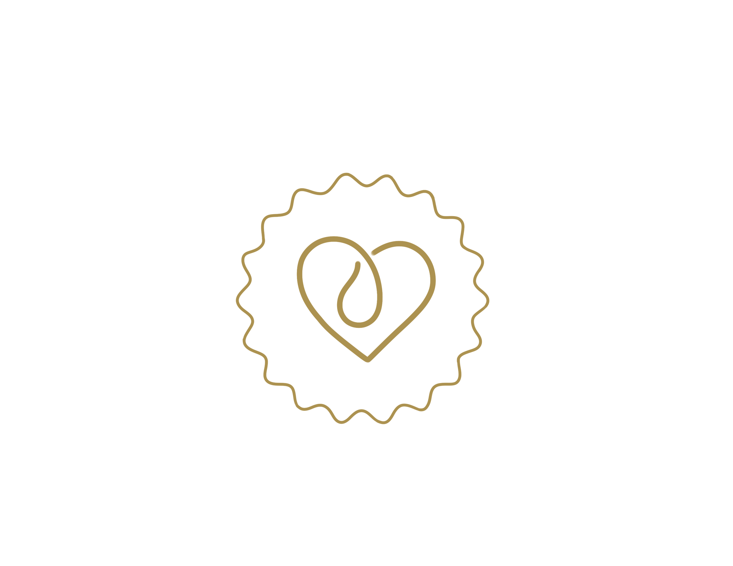 A black background with a gold outline of a heart and a coffee bean in the center, surrounded by a wavy gold circle.