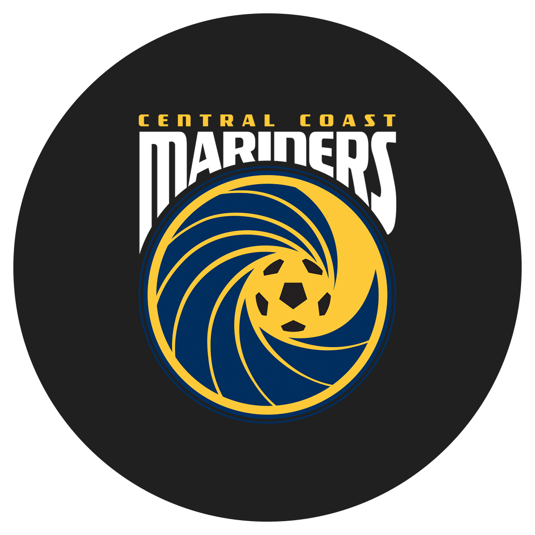 Central Coast Mariners soccer team logo with a blue and yellow wave and soccer ball design on a black background.