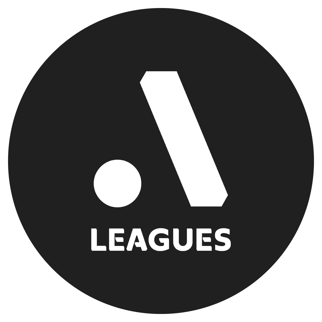 Black circular logo with a stylized tennis ball and paddle, with the word 'LEAGUES' written below.