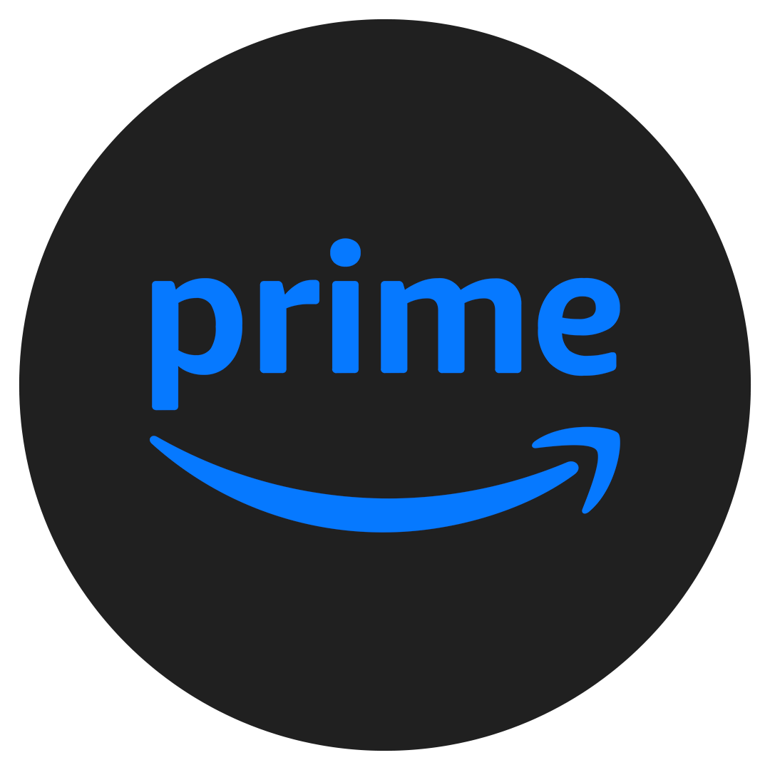 Amazon Prime logo with blue text and smile arrow on a black circular background.