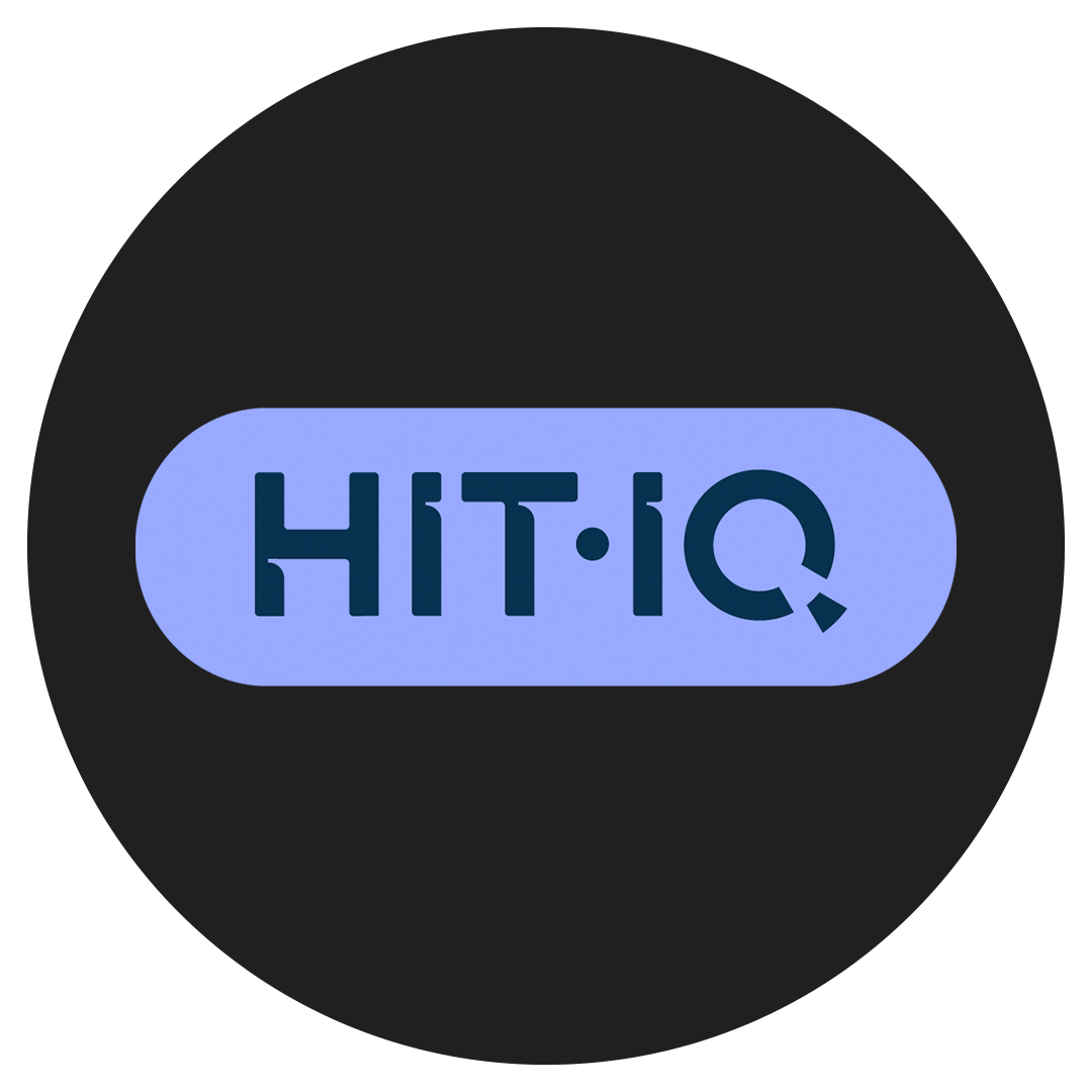 A black digital device screen displaying a blue oval button with the text 'HIT·IQ' in dark blue letters.
