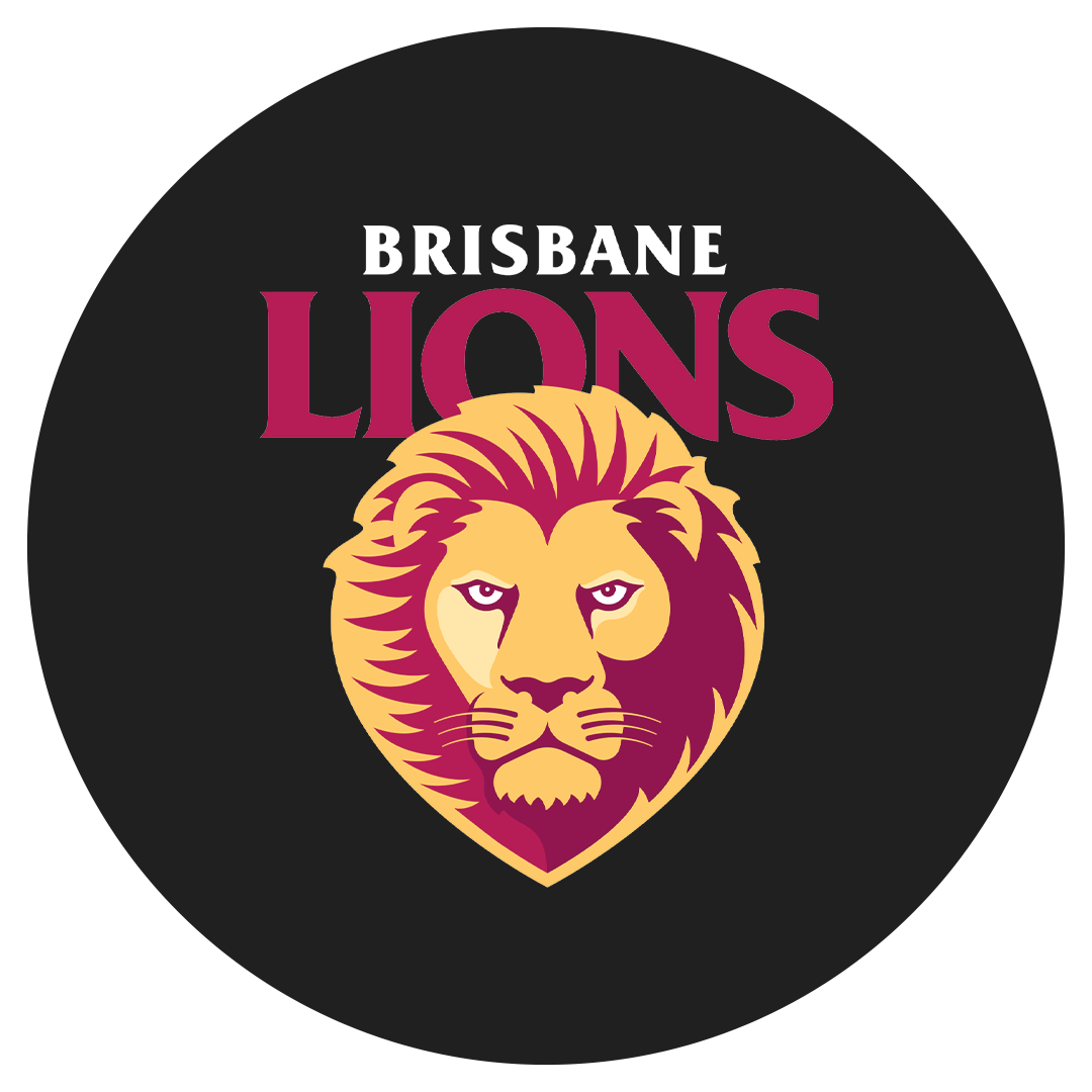 Logo of the Brisbane Lions, an Australian Football League team, featuring a stylized lion's face in yellow and maroon with the team name in white and maroon text on a black background.
