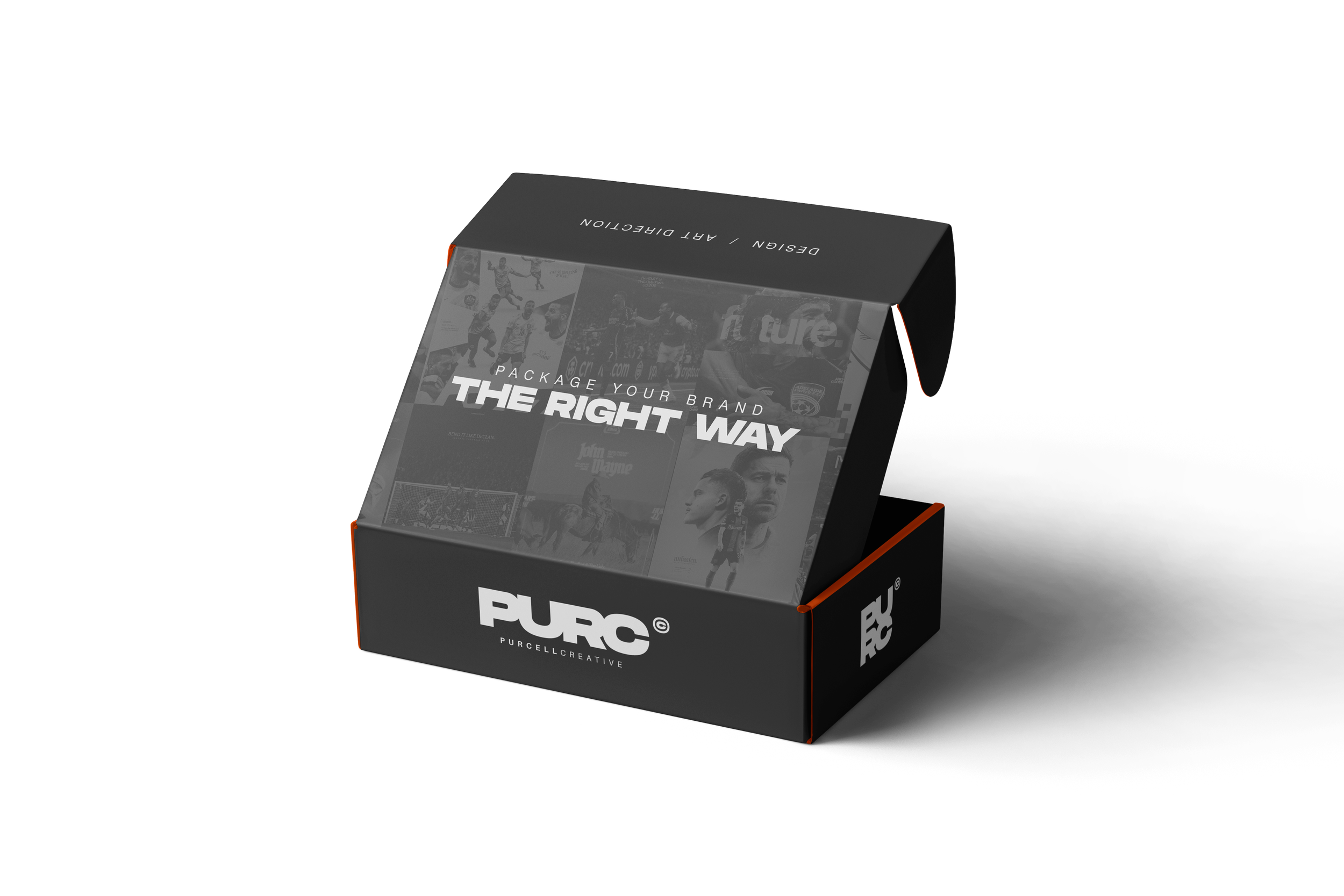 Black box packaging with the text 'PACKAGE YOUR BRAND THE RIGHT WAY' and images of various pop culture references, branded with 'PURC' and 'PURCELLCREATIVE'.
