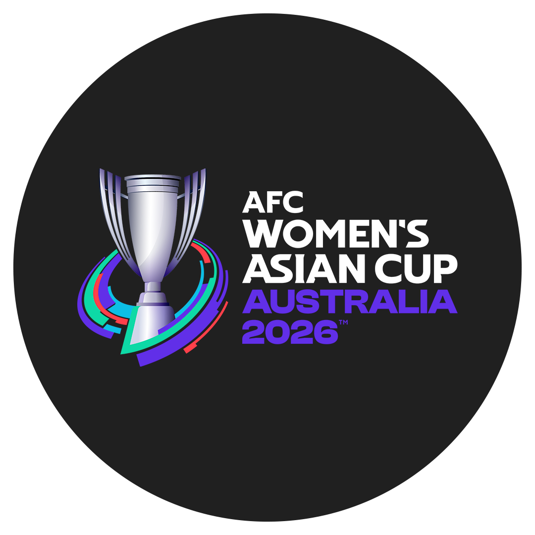 Logo for the AFC Women's Asian Cup Australia 2026 featuring a silver trophy with multicolored circular accents on a black background.
