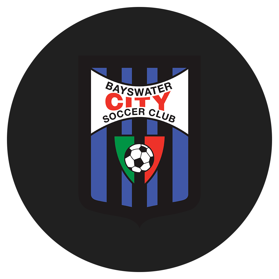 Logo of Bayswater City Soccer Club featuring a black shield with blue vertical stripes, a soccer ball, and text in black, red, green, and white.