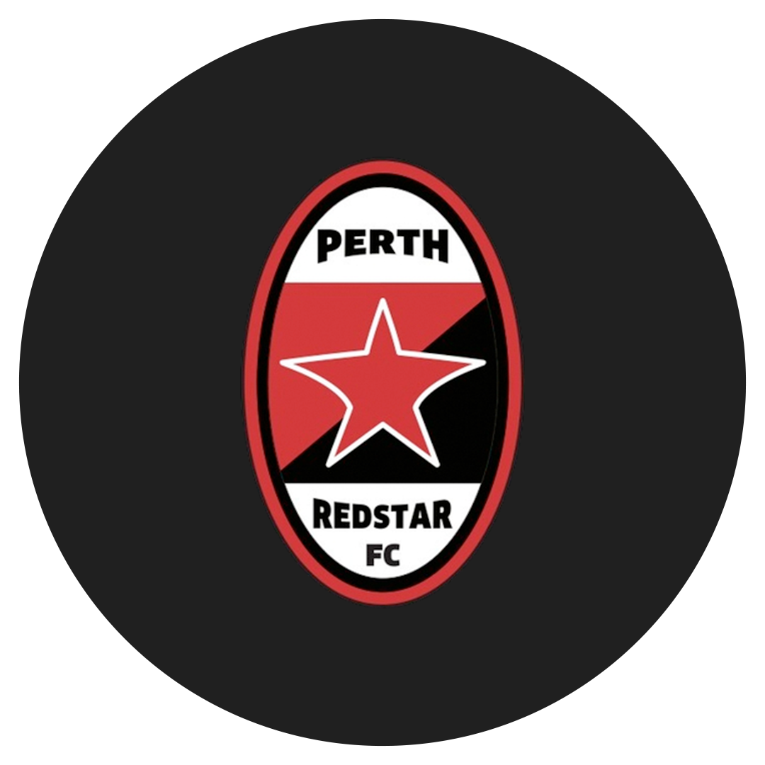 Perth RedStar FC sports team logo with a red star and black, red, and white background.
