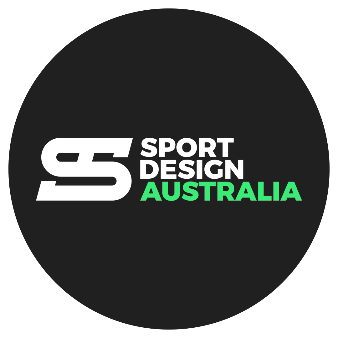 Logo for Sport Design Australia featuring a stylized 'S' in white, with the words 'SPORT DESIGN' in white and 'AUSTRALIA' in green on a black circular background.