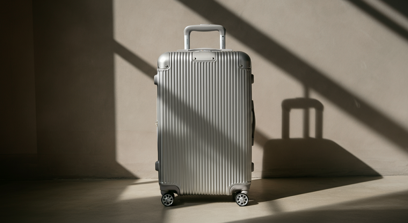 A silver, hard-shell rolling suitcase with a handle, standing upright on a floor, casting a shadow on the wall.