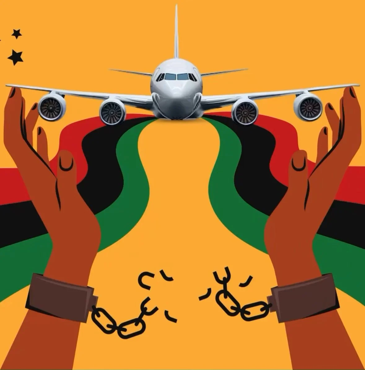 Two hands holding an airplane over a yellow, red, black, and green flag background with stars in the top left corner and broken shackles at the wrists.