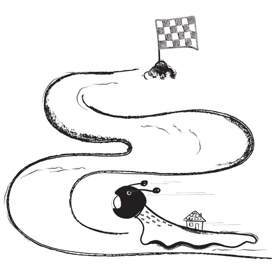 Strategy sprint when you need to lock your brand strategy quickly A black and white illustration of a curving race track with a checkered flag at the top, a house at the bottom, and a large balloon in the middle.