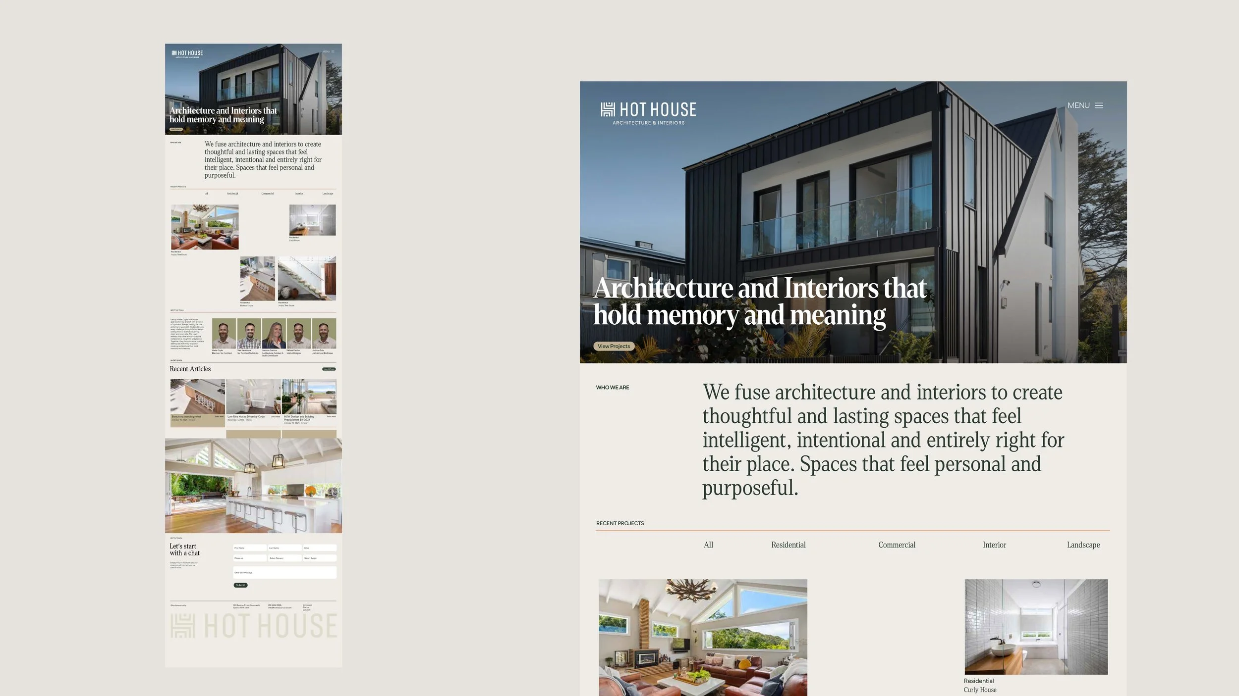 A modern website homepage for HOT HOUSE architecture and interiors, featuring a large photo of a black and white residential building, with navigation and project previews below.