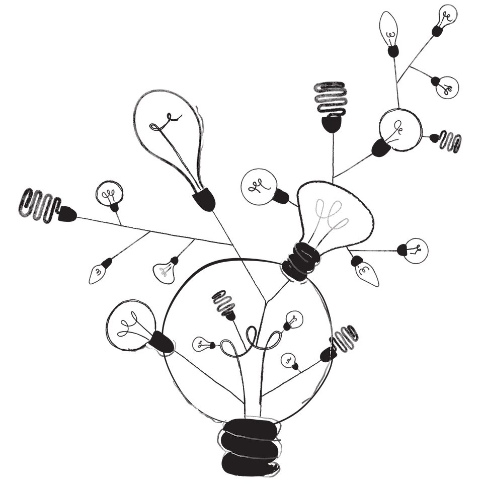 Brand naming process A collection of illuminated light bulbs connected with sockets and wires seen in a black and white sketch style.