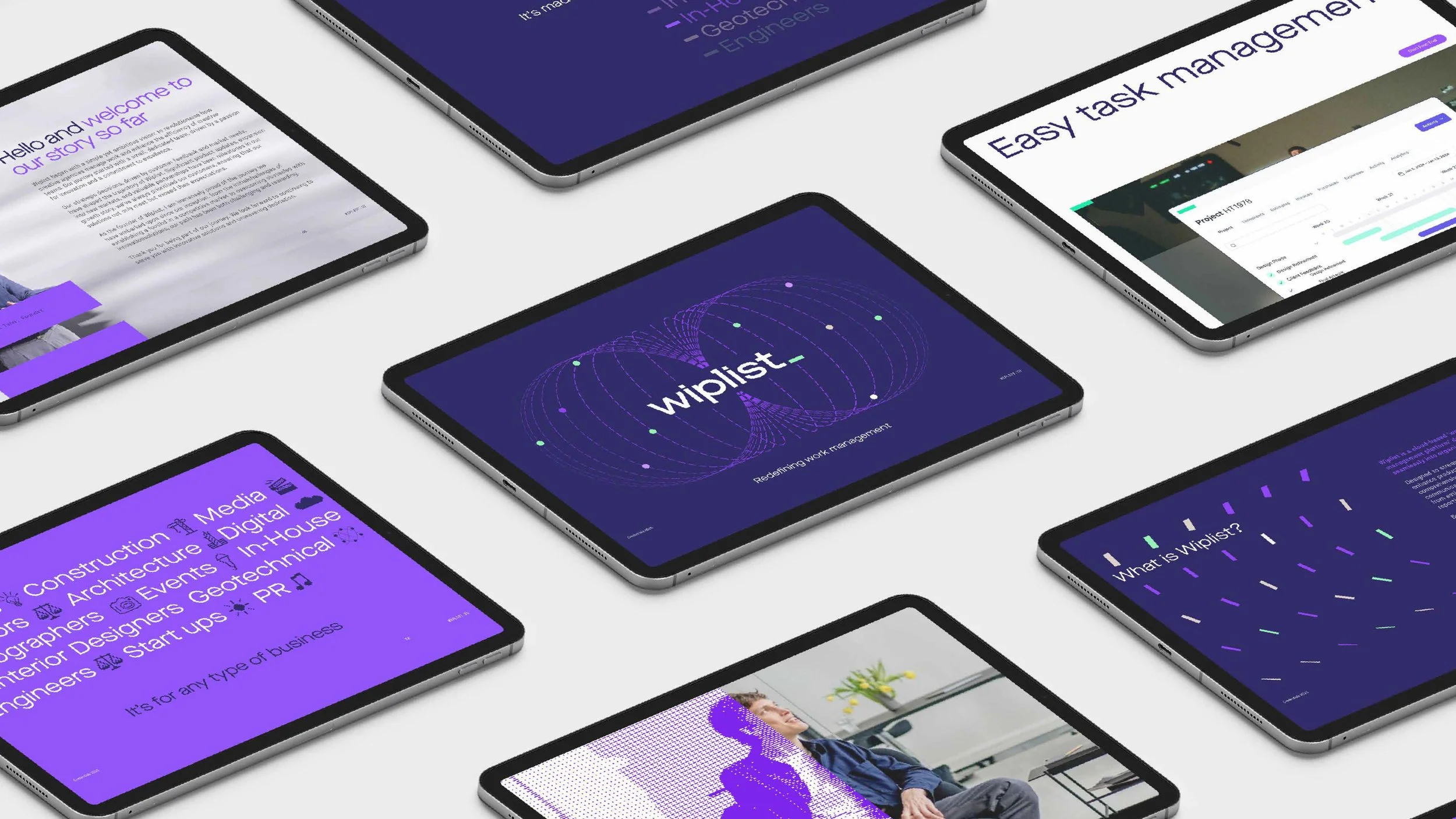 Multiple tablets displaying various digital interface screens, including a welcome message, a work management app, a project tracker, and a graphic titled 'wiplist' with a purple and blue color theme.