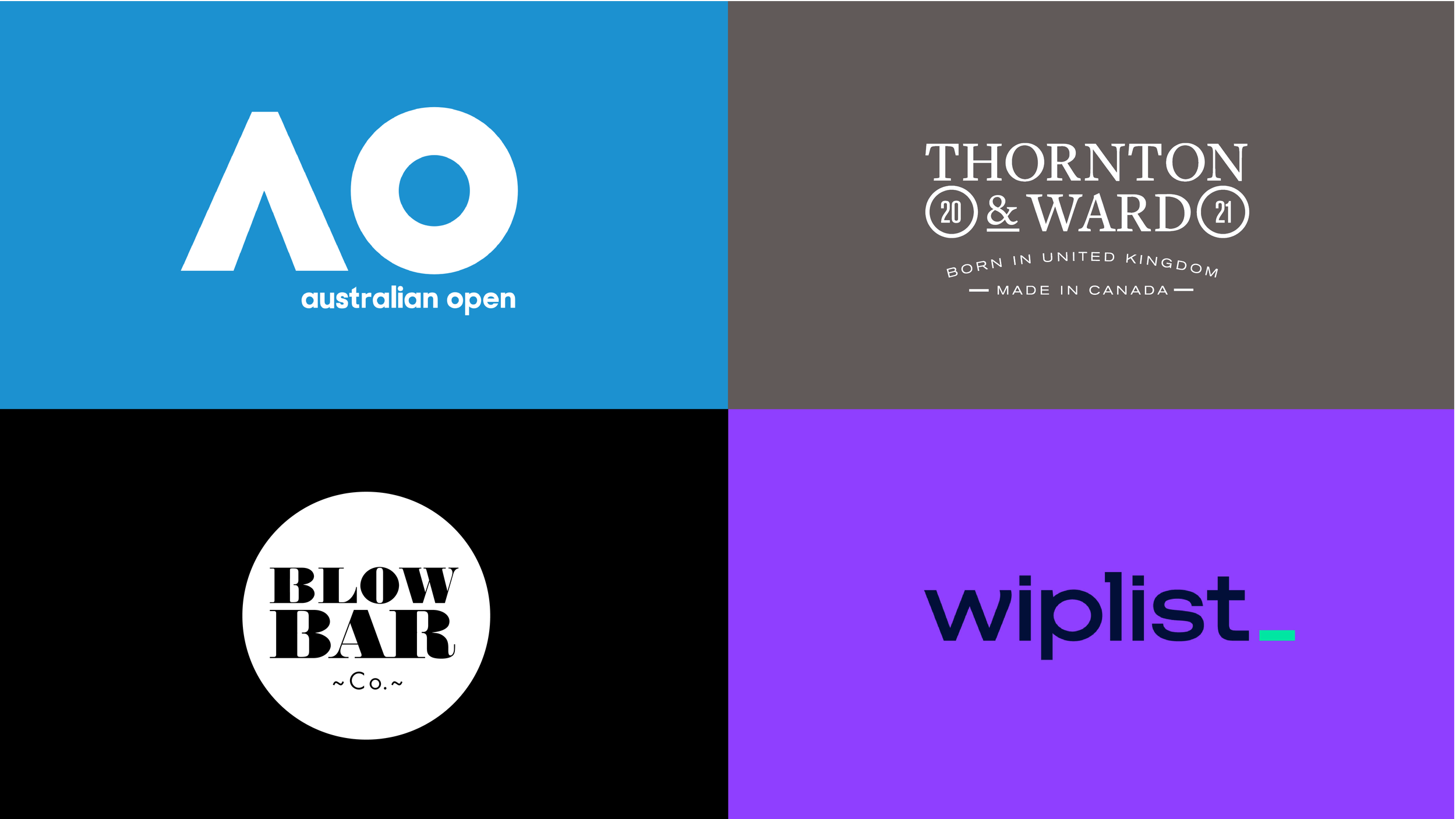 A collage of four logos: Top left features the Australian Open logo with a stylized 'A' and 'O' in white on a blue background, with 'australian open' text below. Top right shows the Thornton & Ward logo in white on a gray background, with the year 2021 and the phrase 'born in United Kingdom, made in Canada' beneath. Bottom left displays the Blow Bar Co logo in black and white, with a circular design and bold text. Bottom right has the Wiplist logo in black on a purple background, with a small green underscore.