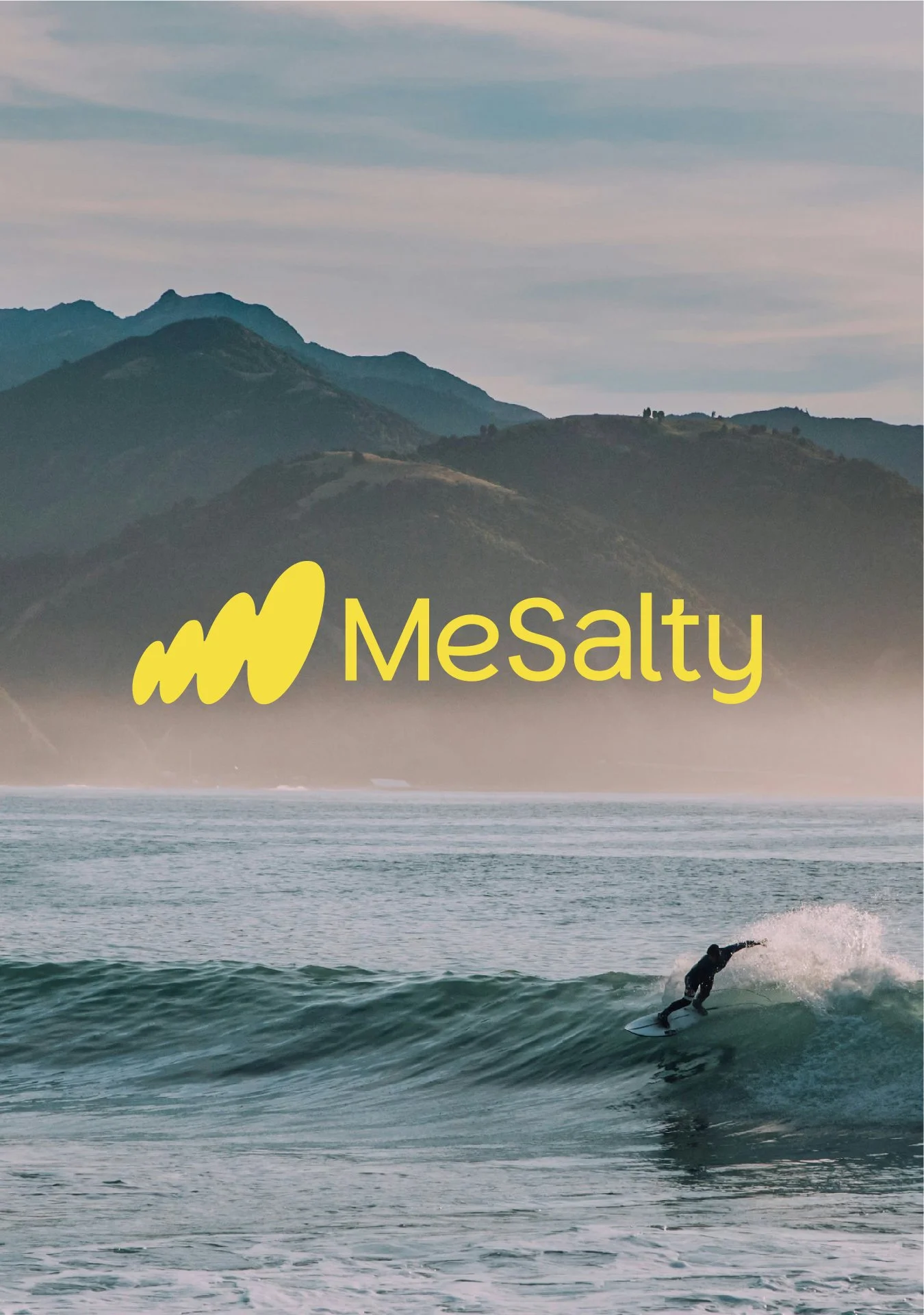 MeSalty brand creation picture of a person surfing on a wave in the ocean with mountains in the background and a logo with the word 'Mesalty' overlaid on the image.