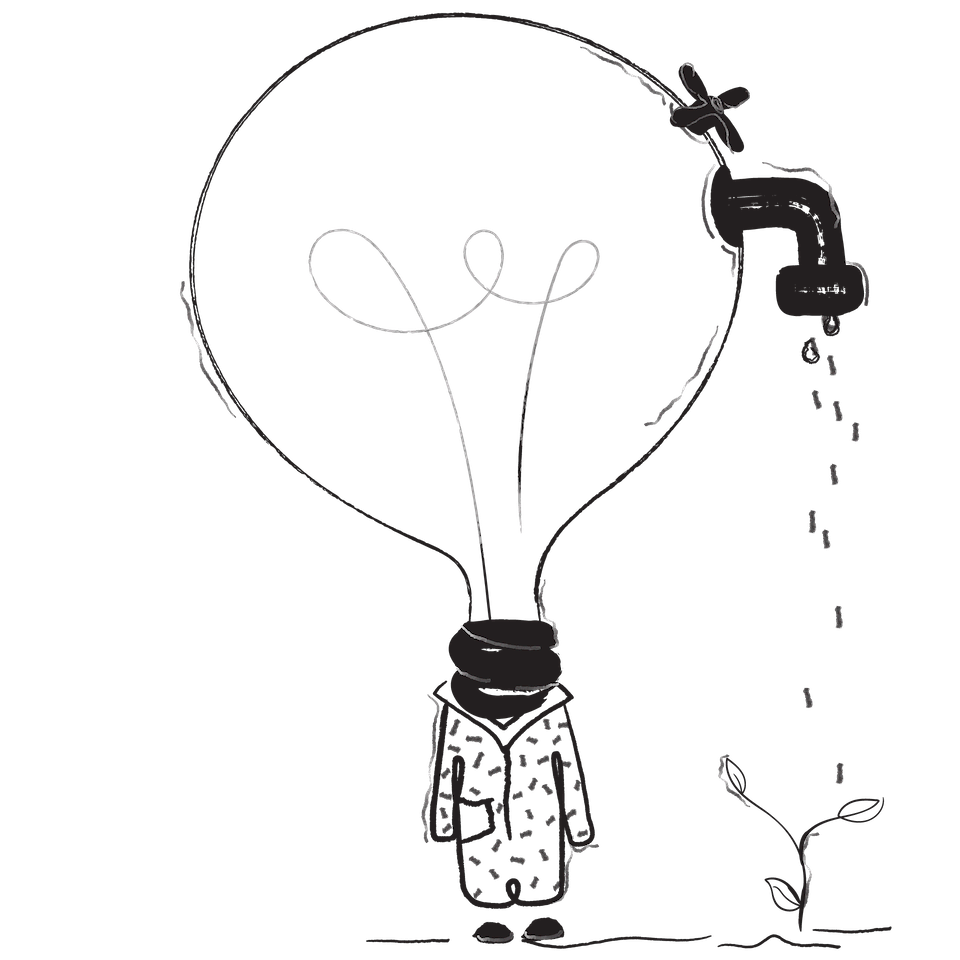 Idea generation for brand creation Illustration of a lightbulb with a plant growing from its base, and a small faucet on the side dripping water onto the plant.