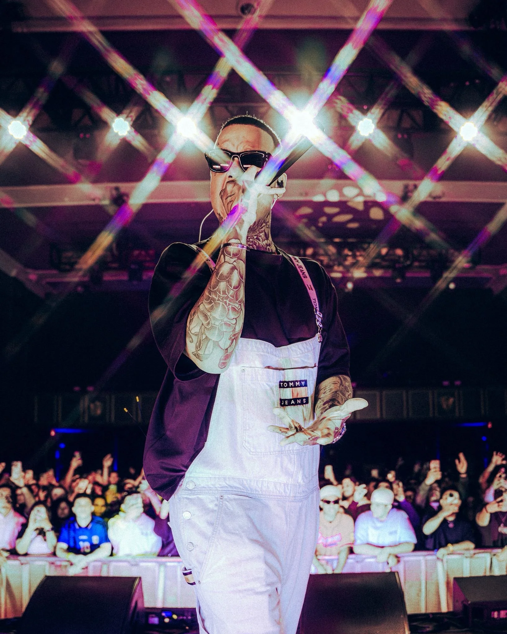 A performer on stage with tattoos and sunglasses singing into a microphone, with bright stage lights and a crowd of people in the background.