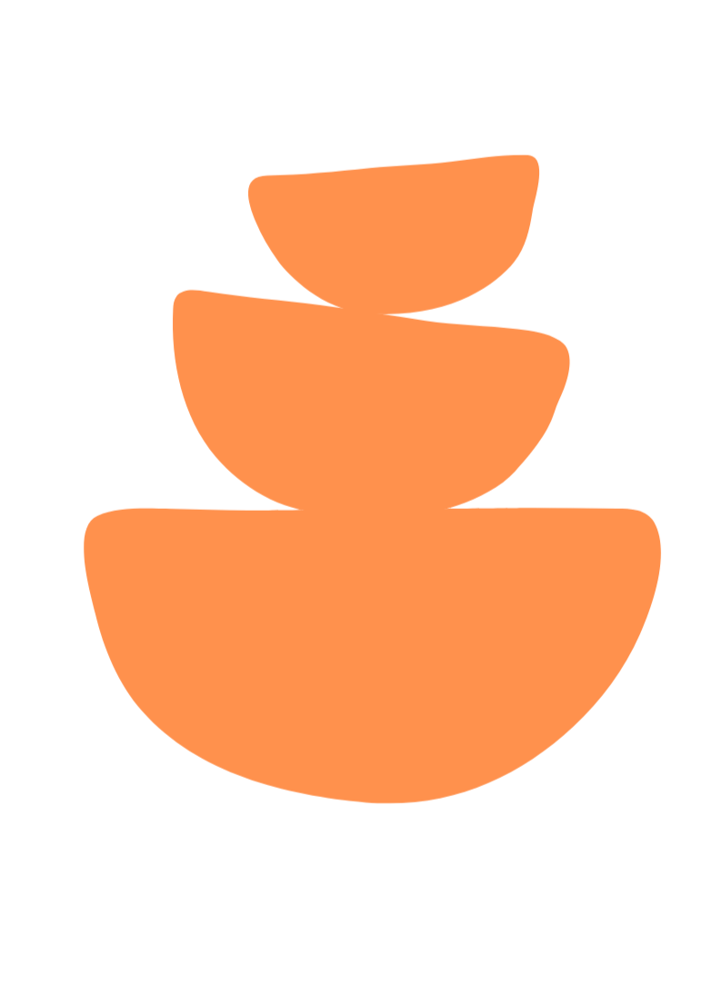 Icon of stacked orange semi-circular shapes resembling a stylized fountain or a pile of bowls against a black background.