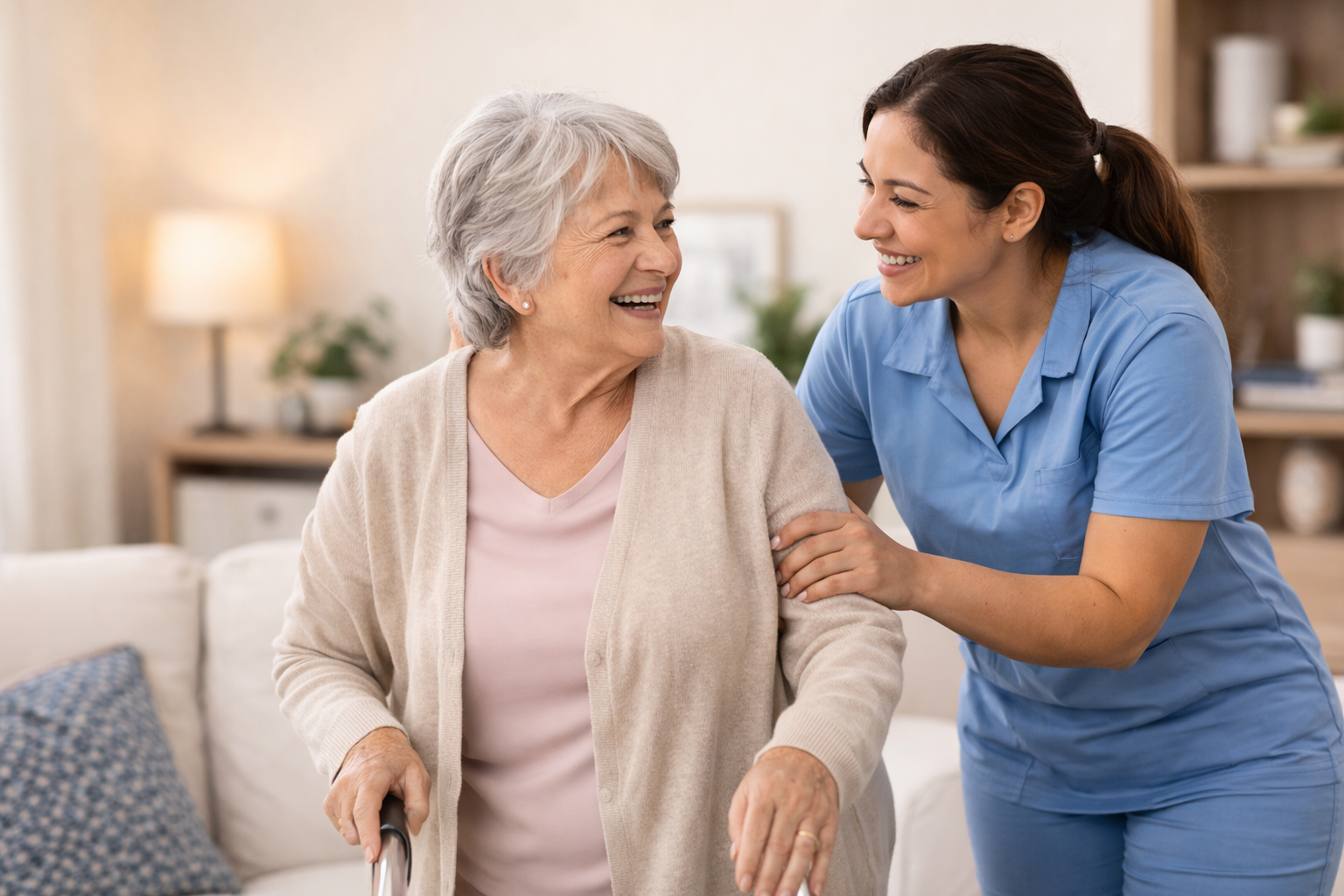 A young female caregiver in blue scrubs smiling and leaning toward an elderly woman with gray hair, who is holding a walker and smiling back in a cozy living room.