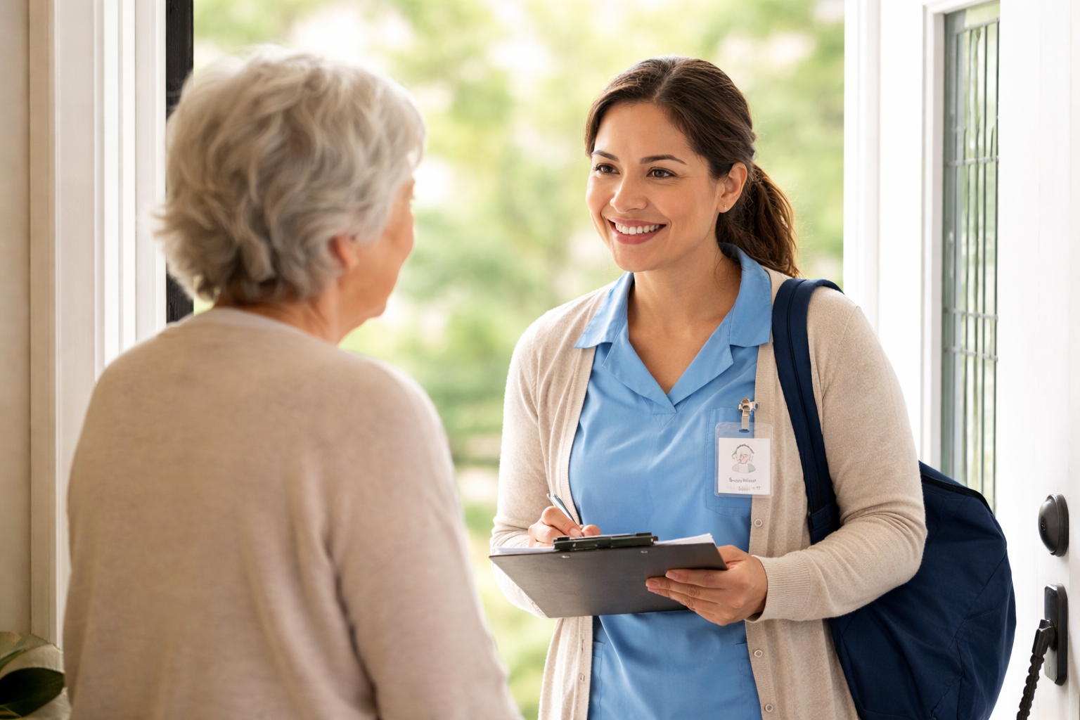 A healthcare worker, a young woman with long brown hair, smiling and holding a clipboard, speaking with an elderly woman at the door of her home.