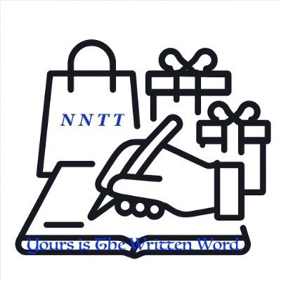 A hand writing on a piece of paper with a pen. There are shopping bags and gift boxes around it. A quote at the bottom says, 'Yours is the Written Word'.