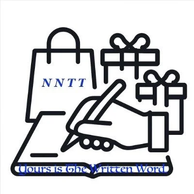 A hand writing on paper with a pen, surrounded by gift boxes and a shopping bag with the initials "NNTT" on it. Text at the bottom reads, "Yours is the written word."