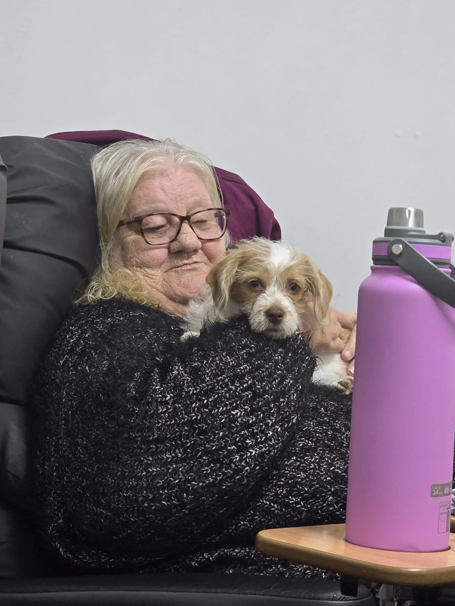 An elderly woman with white hair and glasses is sitting on a black chair, holding a small tan and white puppy. She is wearing a black and white speckled sweater and appears to be resting or sleeping with her eyes closed. There is a purple water bottl