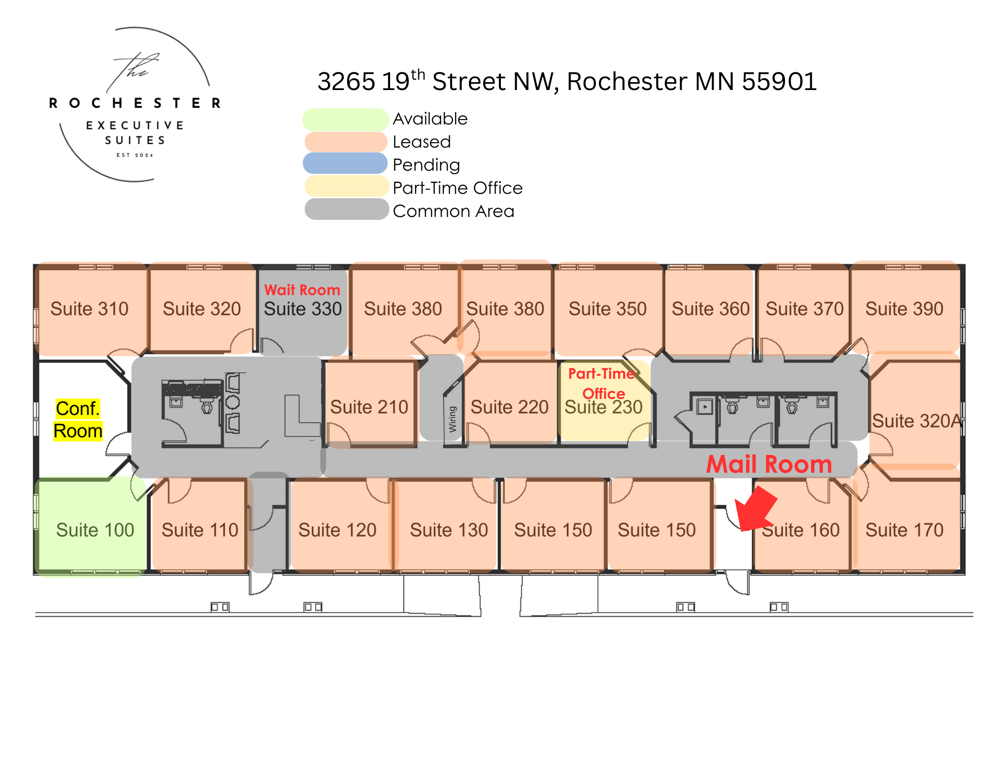 Floor plan of an office building with suites, a conference room, and common areas, color-coded for availability, leasing, and pending status. Noted areas include a mail room, a part-time office, and a waiting room.