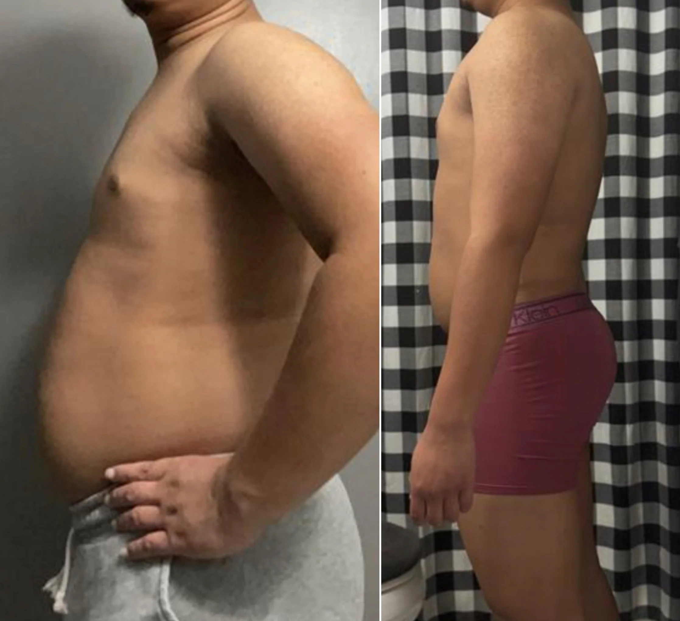 Comparison of a person's side profile before and after body transformation showing muscle tone and body composition changes.