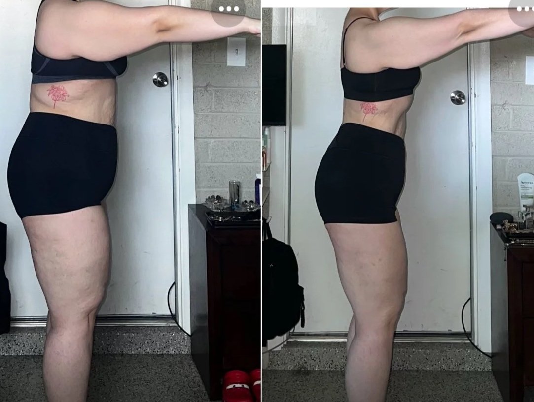 Side-by-side comparison of a woman before and after weight loss, showing a significant reduction in body fat and size, wearing black shorts and a sports bra, in an indoor setting.