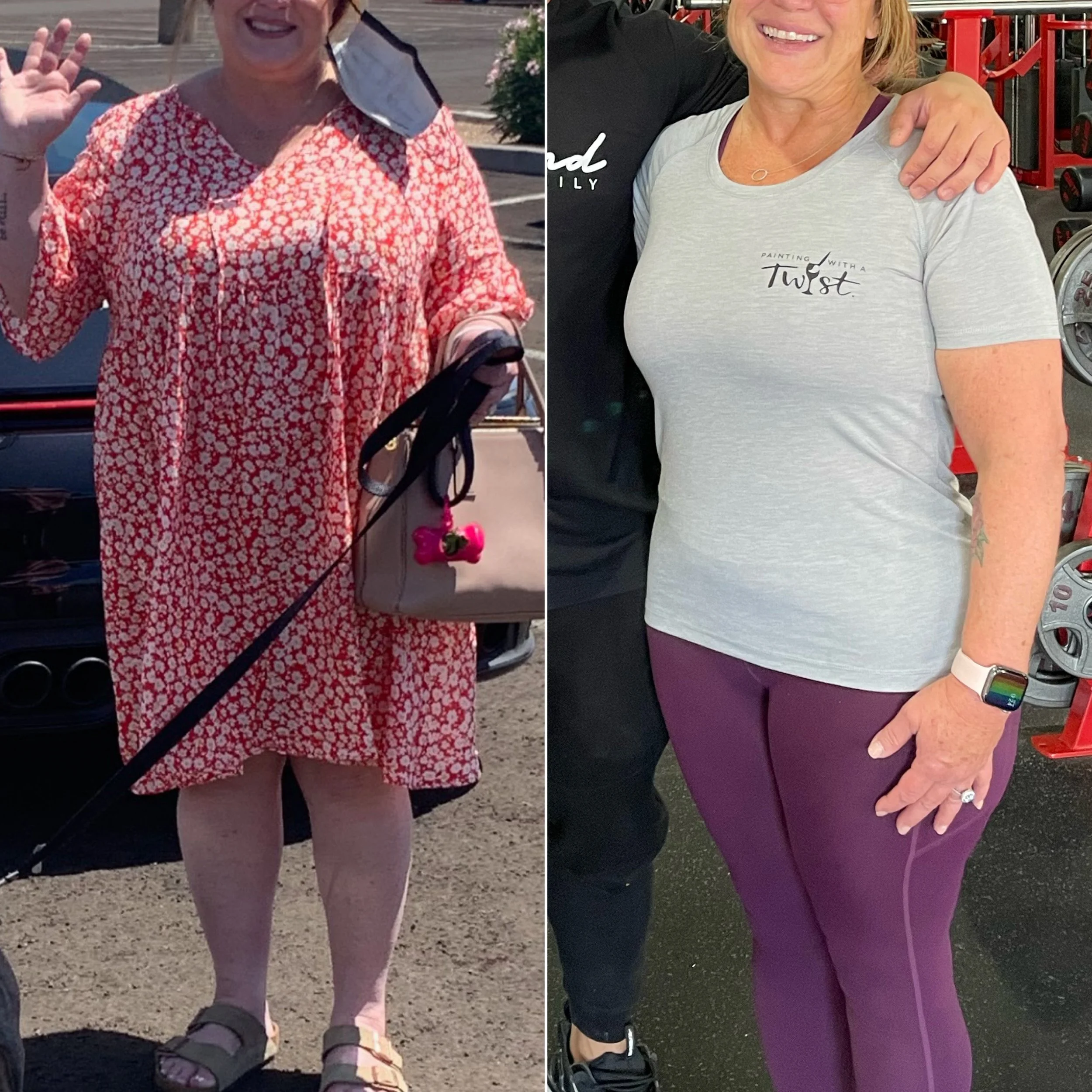 Side-by-side photos of a woman before and after a weight loss journey. In the left photo, she is wearing a red and white floral dress, sandals, and a face mask hanging from her ear, waving and smiling outdoors. In the right photo, she is wearing a light gray t-shirt with the text "Painting with a Twist," purple leggings, and a fitness tracker, smiling in a gym with weights in the background.