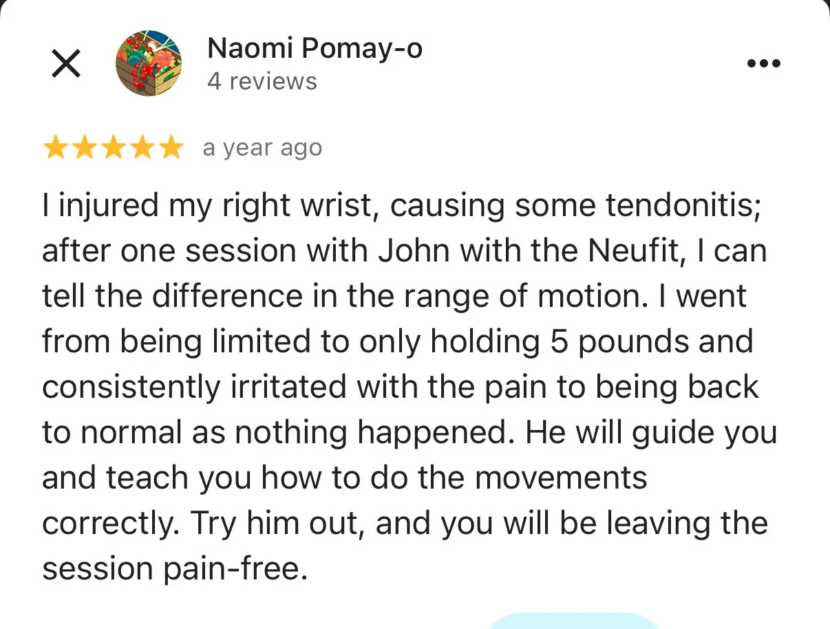 Review for Naomi Pomay-o praising John's movement guidance to treat wrist tendonitis.