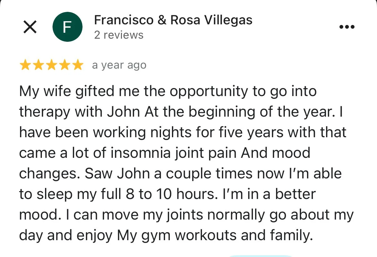 Screenshot of a Google review for Francisco & Rosa Villegas, with a 5-star rating and review text describing improved sleep and joint pain relief after therapy with John.