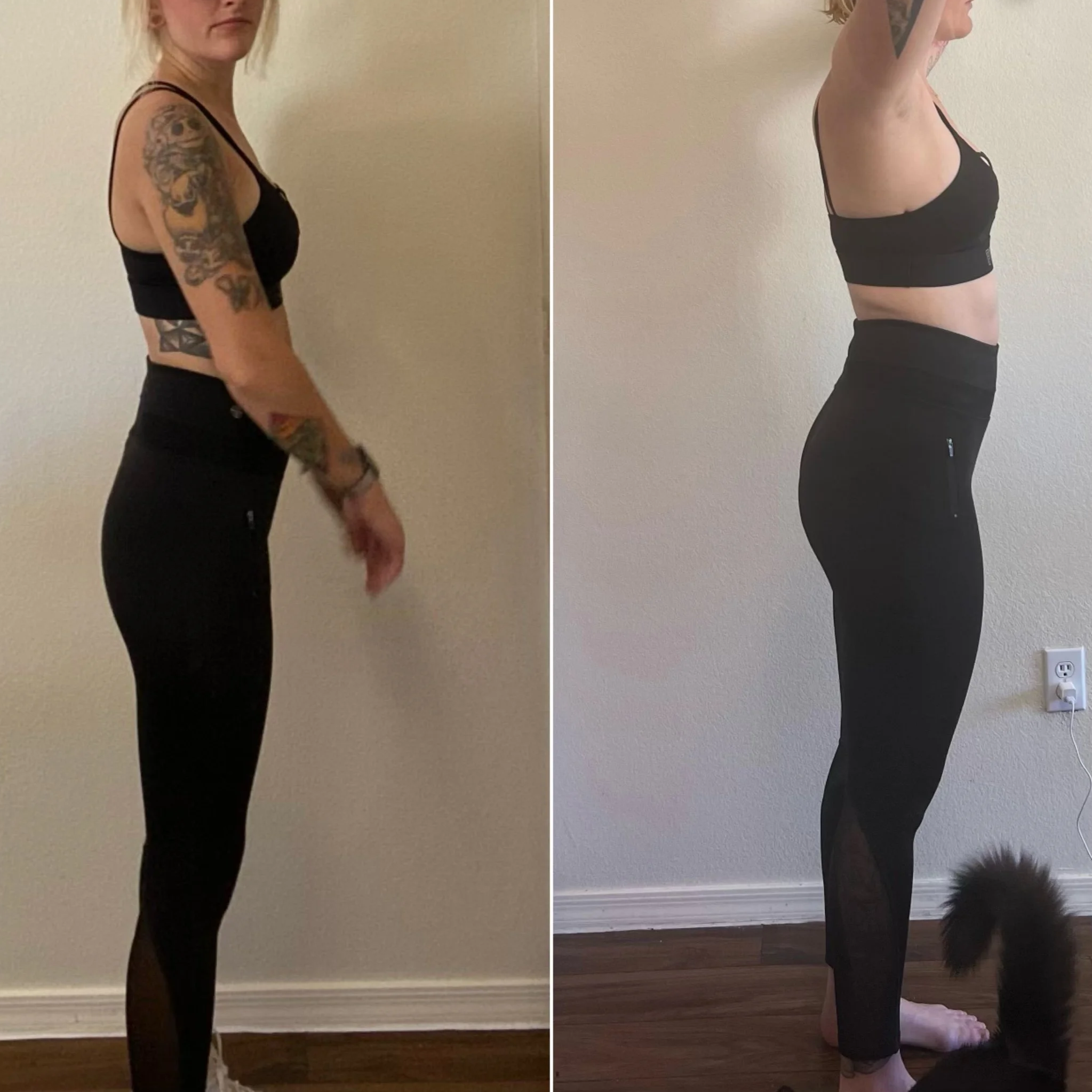 Side-by-side comparison photo showing a woman before and after fitness transformation, wearing black athletic clothing, with tattoos on her left arm, standing against a plain wall and indoor flooring.