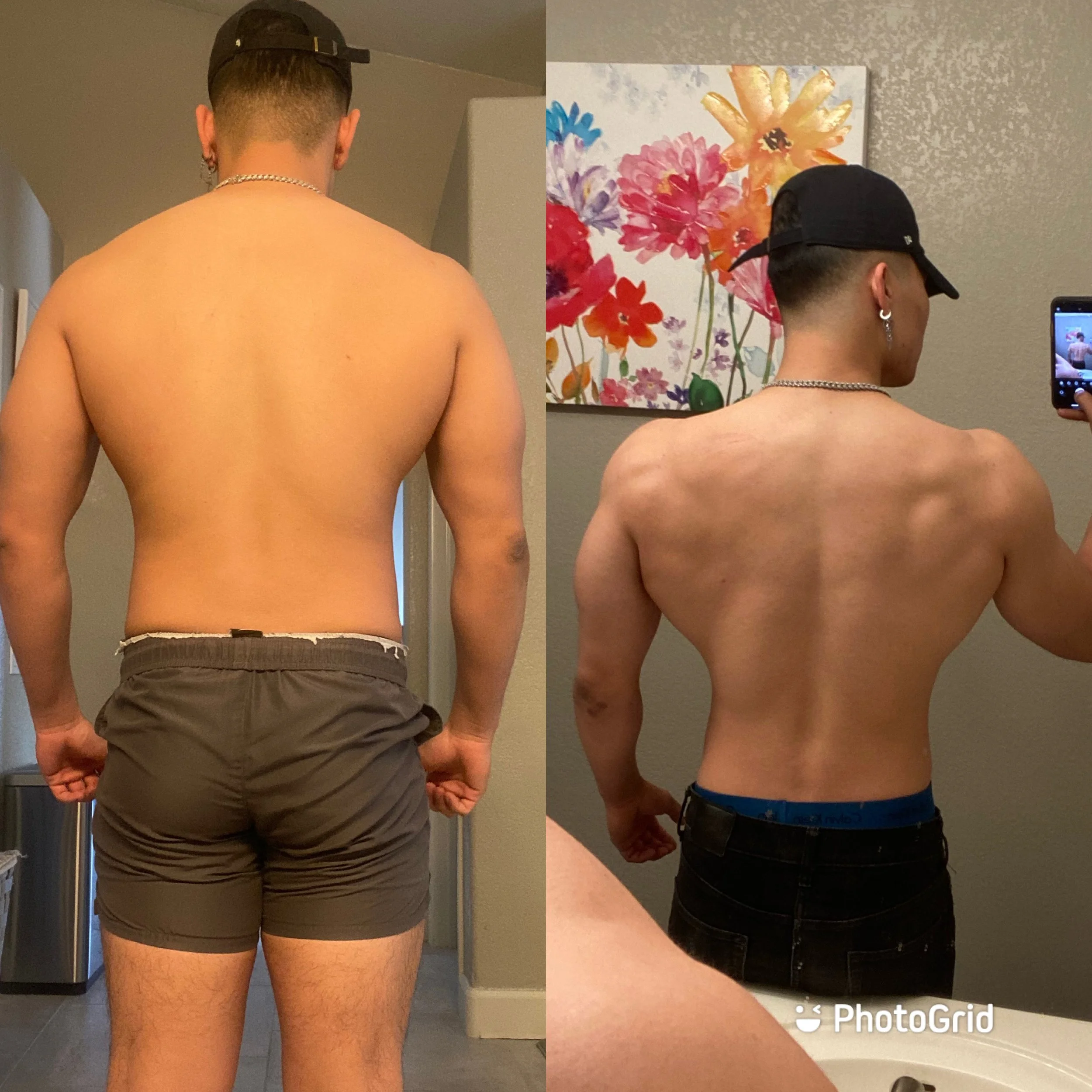 Comparison of back muscles before and after fitness progress, showing increased muscle definition in the after image.