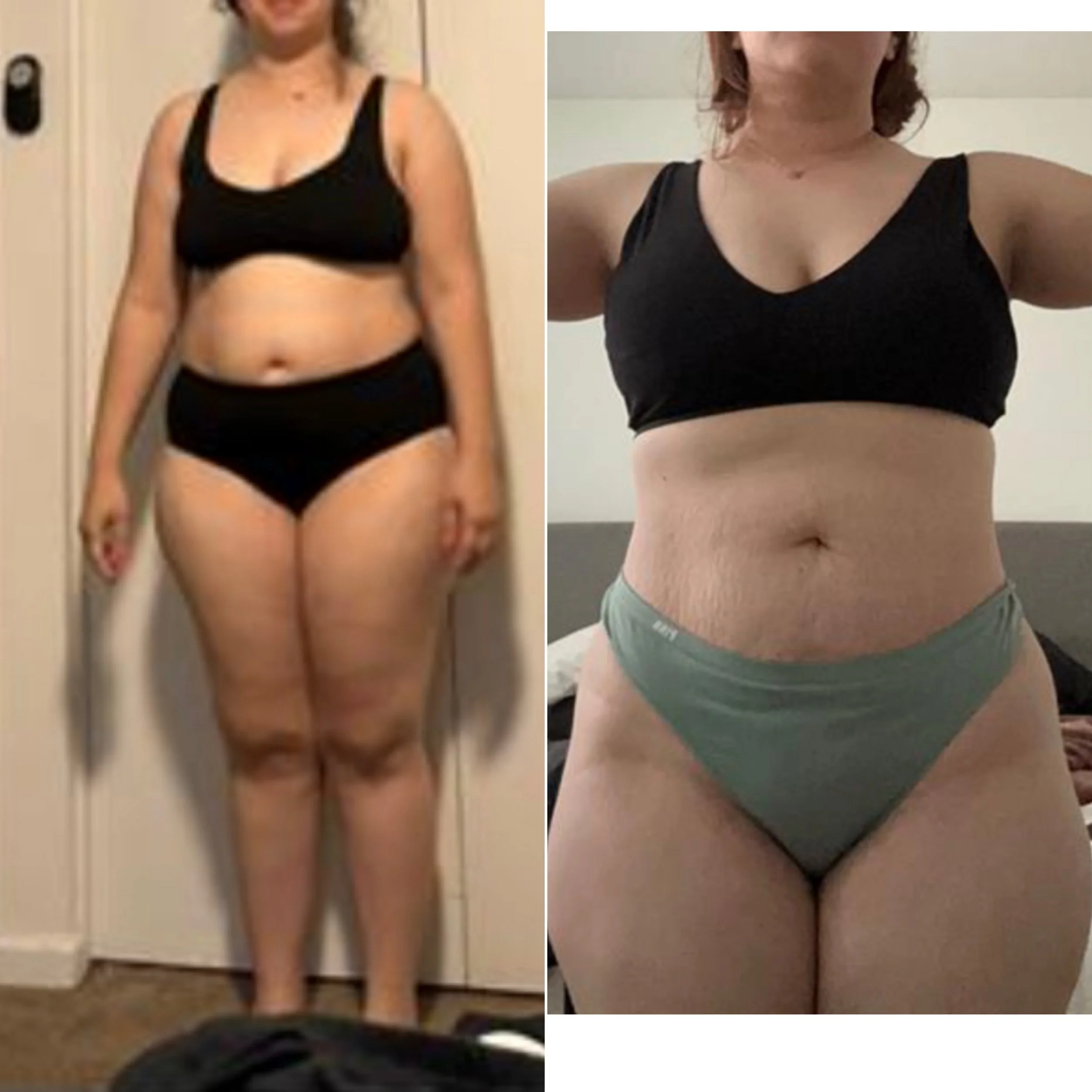 Side-by-side comparison of a woman before and after weight loss, wearing black sports bra and shorts in both images.