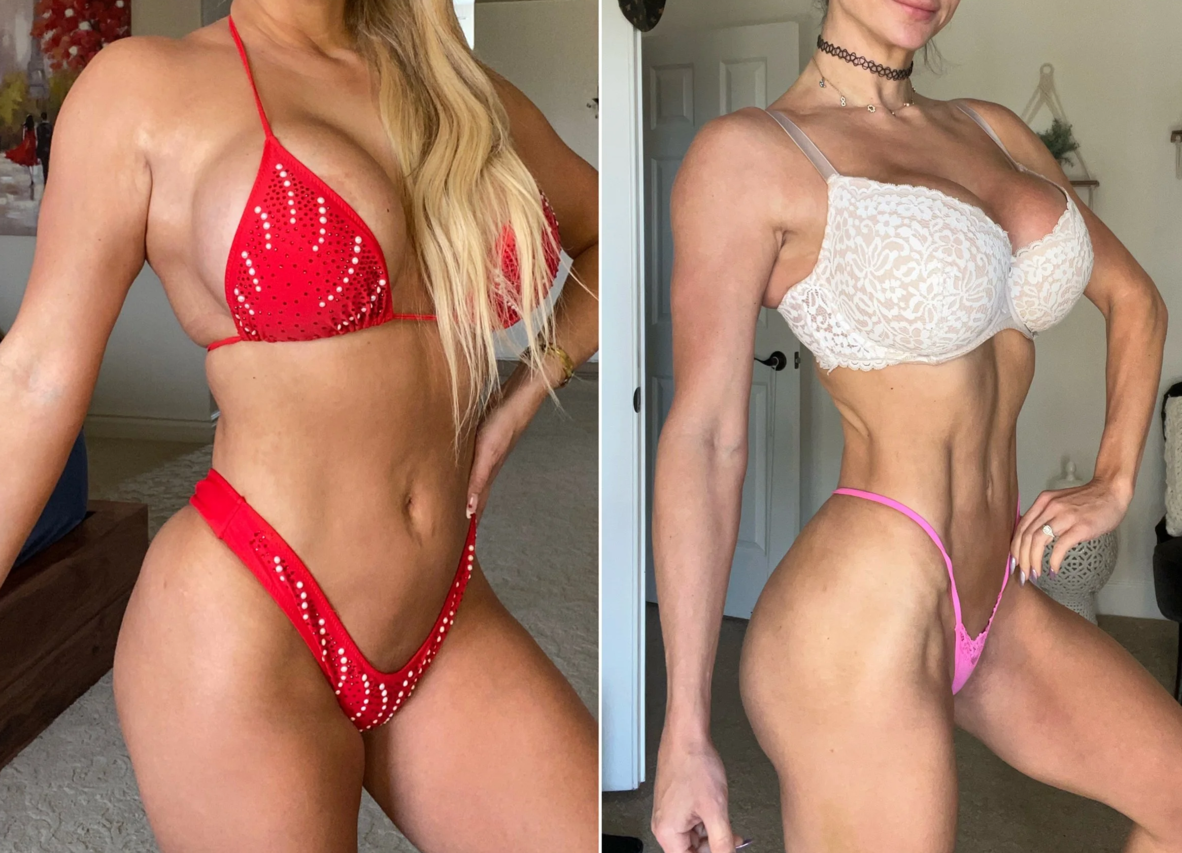 Side-by-side comparison of two women in lingerie. The woman on the left wears a red bikini with rhinestones, and the woman on the right wears a white lace bra and pink thong.