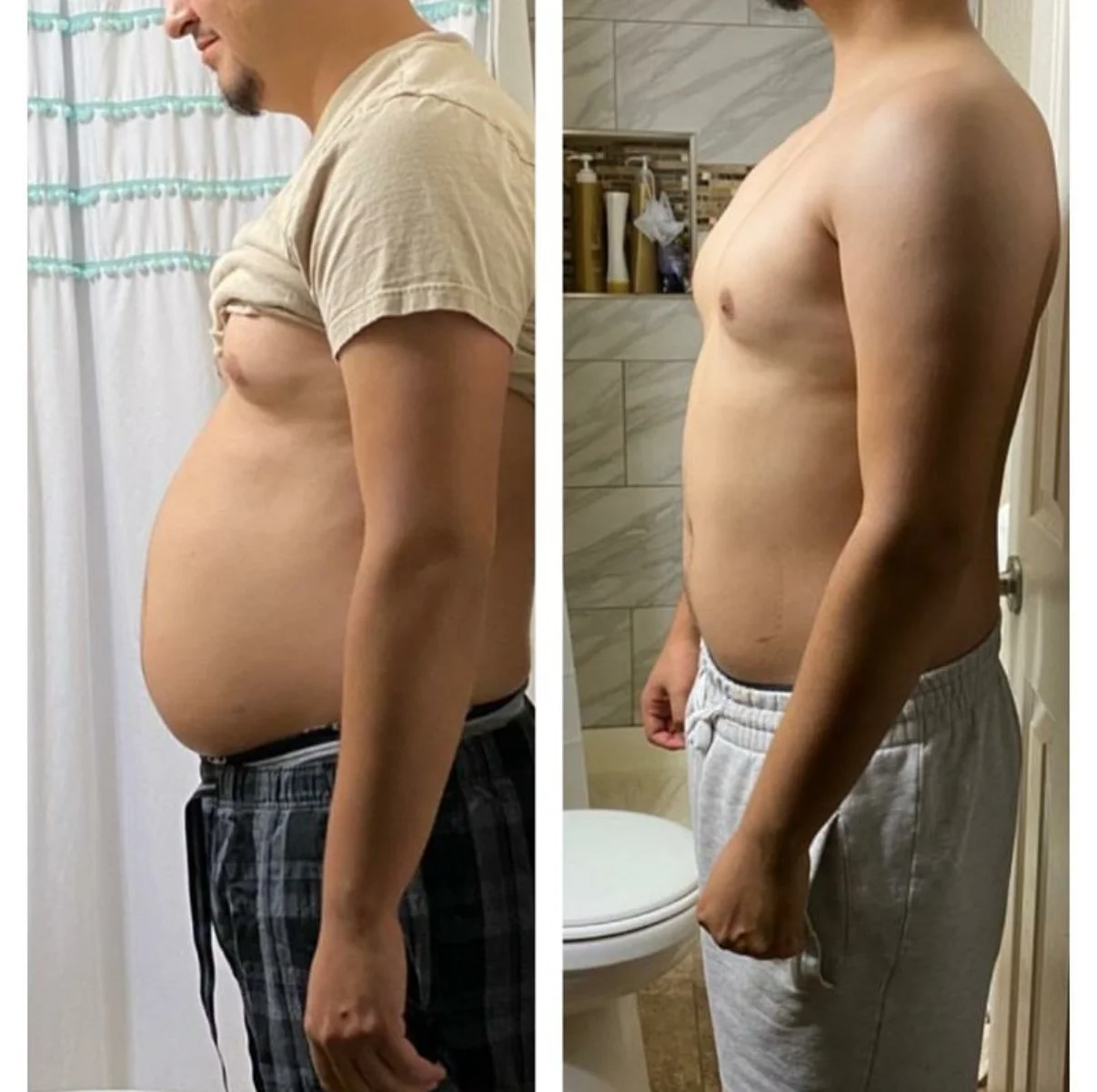 Comparison of a person's body before and after a change, showing a reduction in abdominal size and improved muscle tone.
