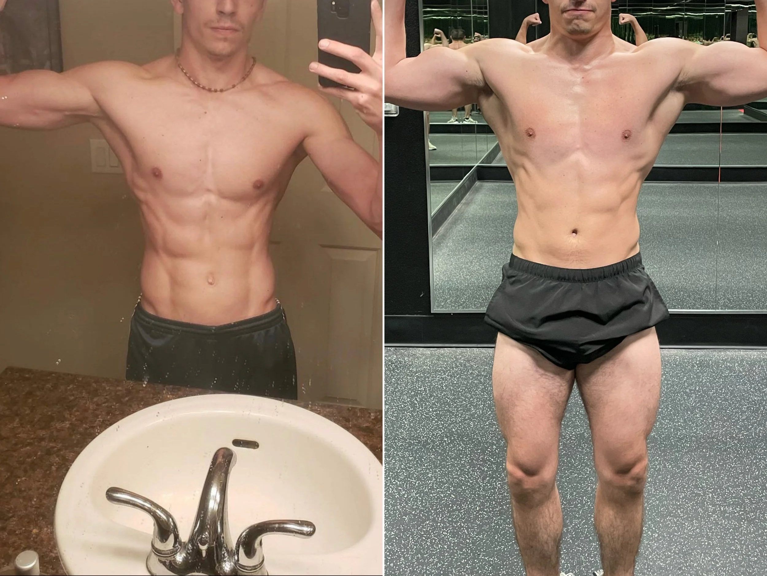 Comparison of a shirtless man taking mirror selfies before and after a fitness transformation, showing improved muscle definition and reduced body fat.
