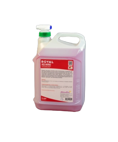 Pink bottle of Royal disinfectant cleaner with a green cap and a white spray nozzle on top.
