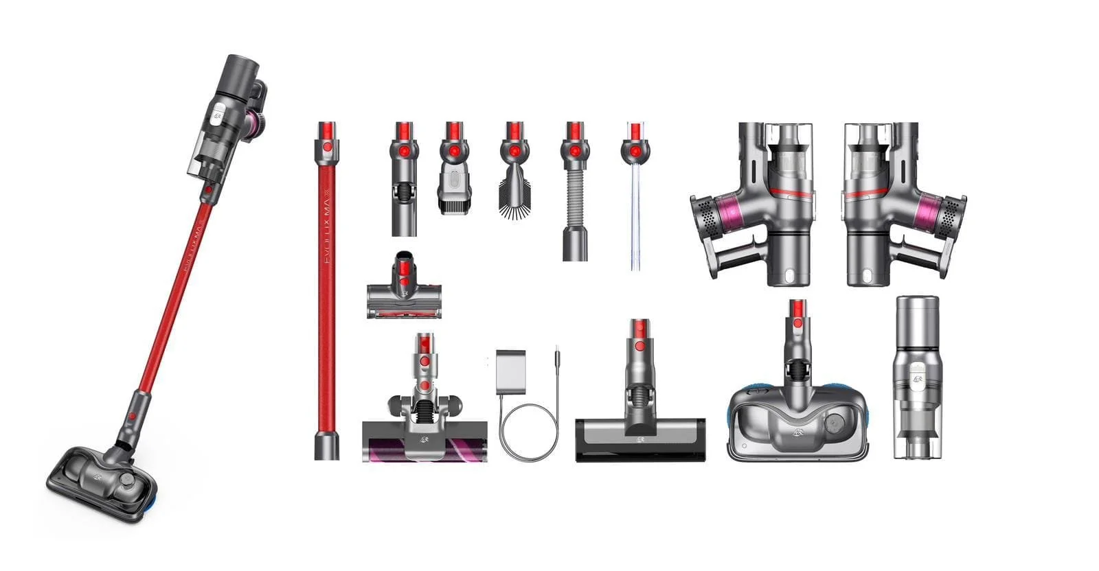 Array of Evolux Max cordless vacuum cleaner parts, including a cordless vacuum, multiple attachments, and filters.