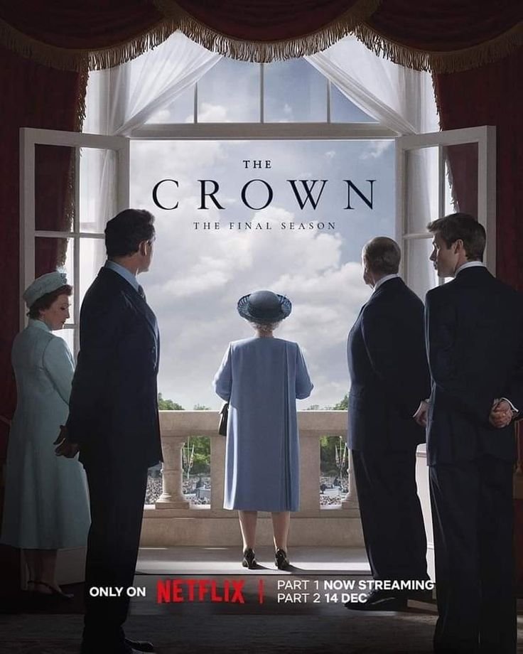 Poster for the final season of 'The Crown,' showing Queen Elizabeth II in blue, standing by a window with four men and one woman in formal attire, overlooking a landscape.