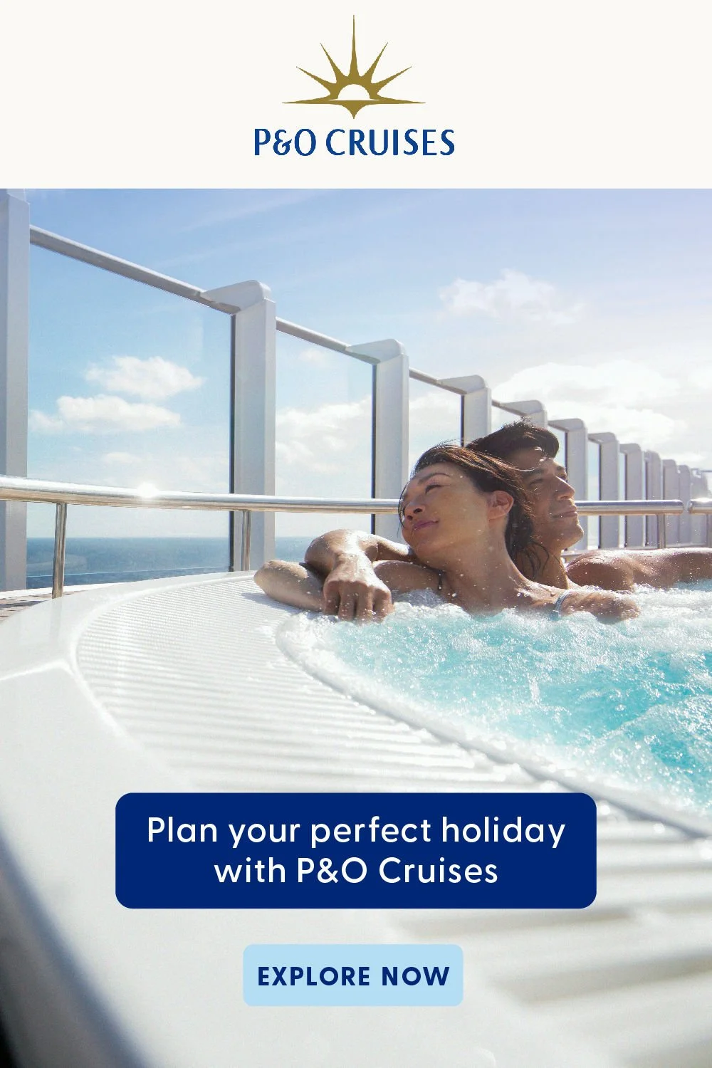 A man and woman relaxing in a hot tub on a cruise ship deck with a view of the ocean and blue sky.